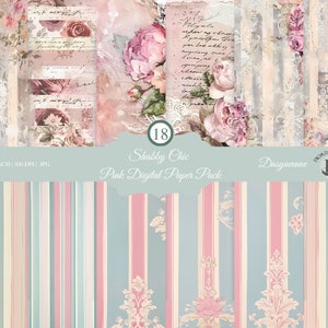 Paquet de papier numérique rose shabby chic - arrière-plans floraux vintage et motifs à rayures pour scrapbooking, fabrication de cartes, papier de scrapbooking romantique