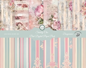 Shabby Chic Pink Digital Paper Pack - Vintage Floral Backgrounds & Striped Patterns for Scrapbooking, Cardmaking, Romantic Scrapbook Paper