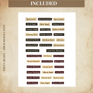May include: Print-ready sheet with various rectangular labels featuring literary themes. Labels include phrases like "Book Lover," "Vintage Library," and "Worn Pages" in a mix of fonts and colors.