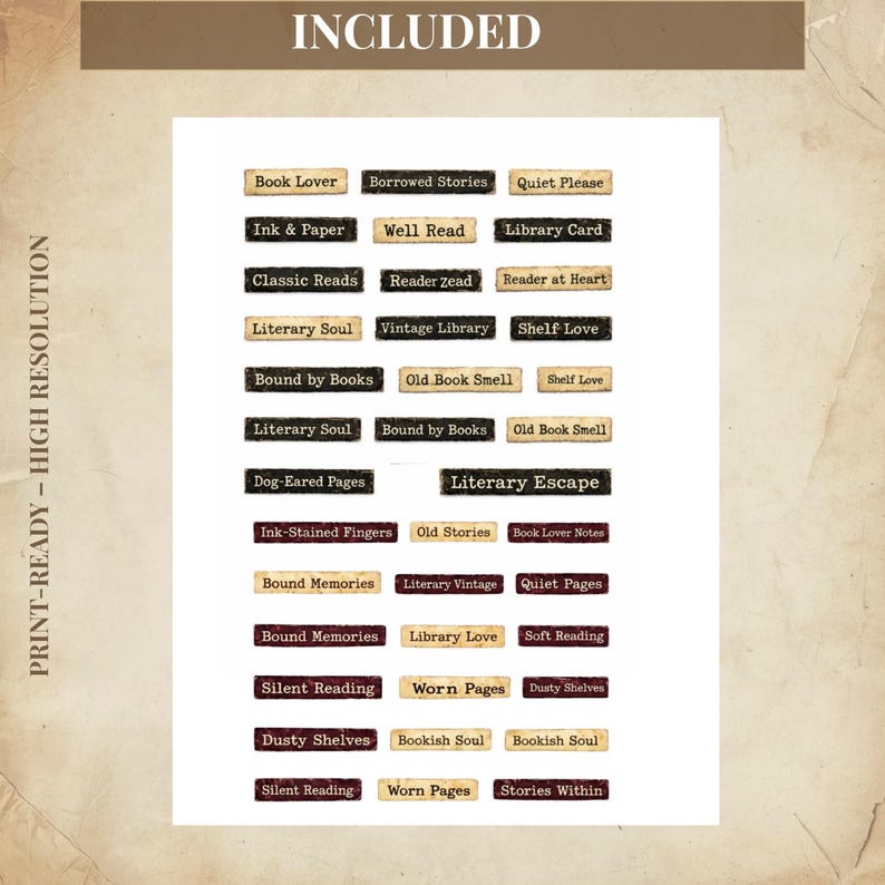 May include: Print-ready sheet with various rectangular labels featuring literary themes. Labels include phrases like "Book Lover," "Vintage Library," and "Worn Pages" in a mix of fonts and colors.