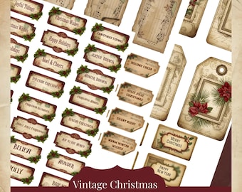 Vintage Christmas Labels & Tags Printable Set, Holiday Junk Journal Ephemera, Vintage Frames, Gift Tags, Festive Cutouts for Scrapbooking