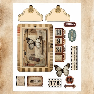 Puede incluir: Un collage de ef&iacute;meras de papel de estilo vintage con mariposas, tiras de pel&iacute;cula y etiquetas. Incluye un marco rectangular con una imagen de mariposa, una tira de pel&iacute;cula y la palabra "SHORING". La paleta de colores es principalmente beige, marr&oacute;n y crema.