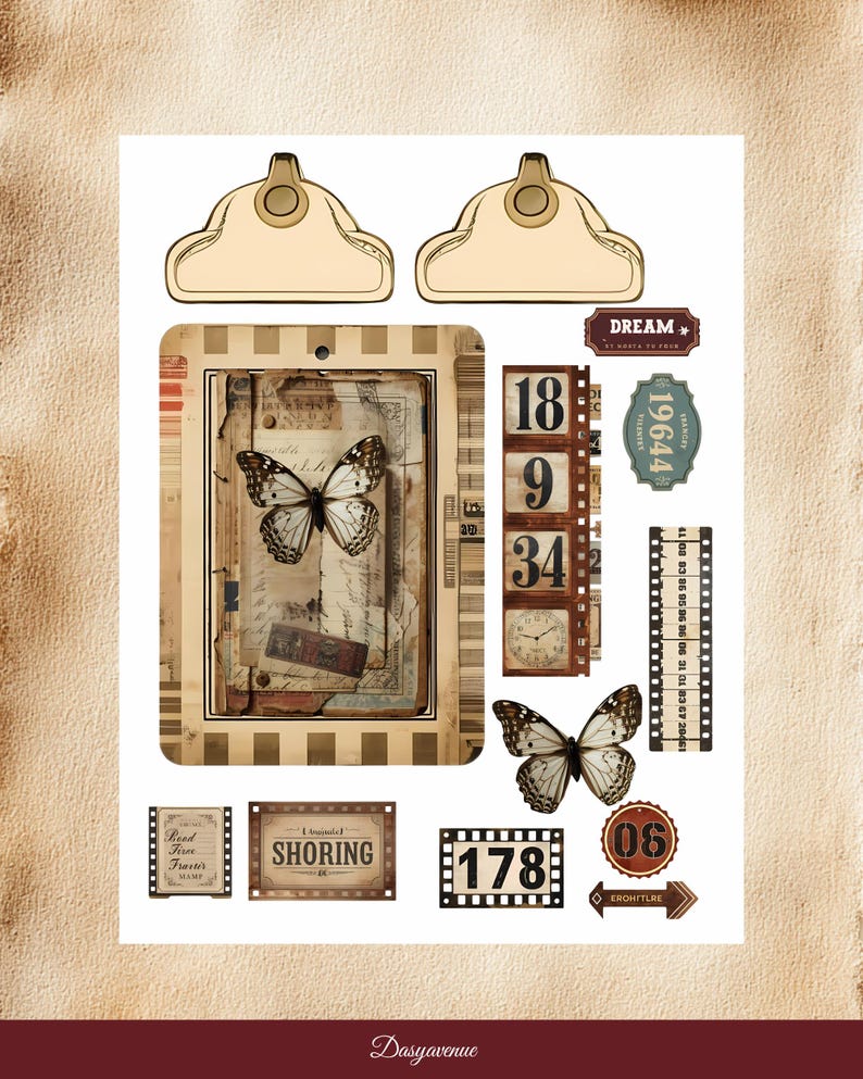Puede incluir: Un collage de ef&iacute;meras de papel de estilo vintage con mariposas, tiras de pel&iacute;cula y etiquetas. Incluye un marco rectangular con una imagen de mariposa, una tira de pel&iacute;cula y la palabra "SHORING". La paleta de colores es principalmente beige, marr&oacute;n y crema.