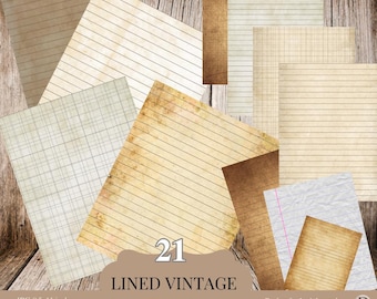 21 Vintage Writing Pages, Lined Journal Paper, Printable Aged Paper for Junk Journal, Grunge Scrapbooking Pages, Digital Download