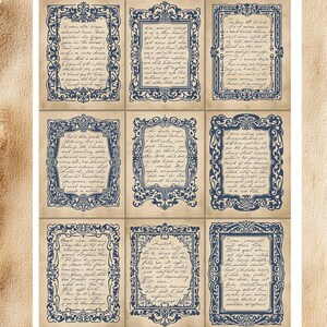 May include: A set of nine cards with blue ornate frames and handwritten text on a beige background. The word "INCLUDED" is at the top. The cards are arranged in a grid, offering a classic, antique aesthetic. The bottom of the image has the word "Dasyavenue".