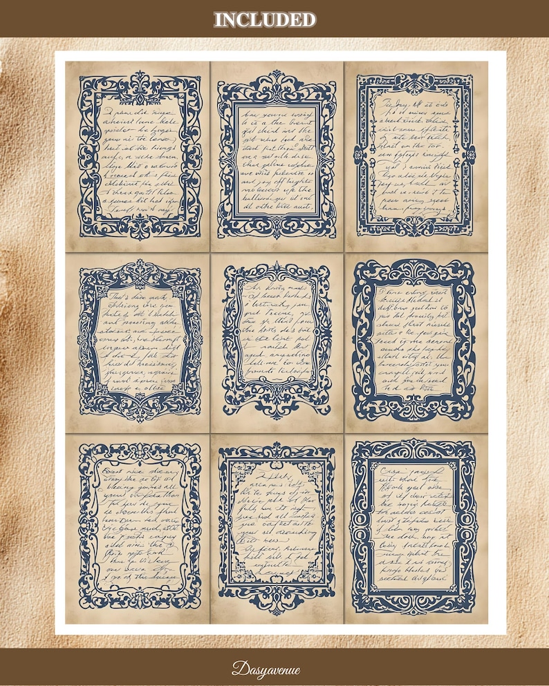 May include: A set of nine cards with blue ornate frames and handwritten text on a beige background. The word "INCLUDED" is at the top. The cards are arranged in a grid, offering a classic, antique aesthetic. The bottom of the image has the word "Dasyavenue".