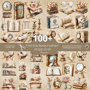 Pacchetto di clipart di libri d'epoca, effimeri di diari spazzatura, illustrazioni di libri antichi, PNG estetica retrò, grafica di carta vecchia, download immediato