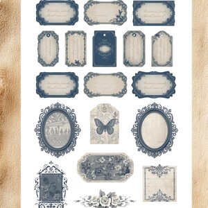May include: A selection of vintage labels and frames in blue and cream hues. The designs feature elaborate borders, floral patterns, and a butterfly illustration. The word "INCLUDED" is at the top, and "Dasyavenue" is at the bottom.