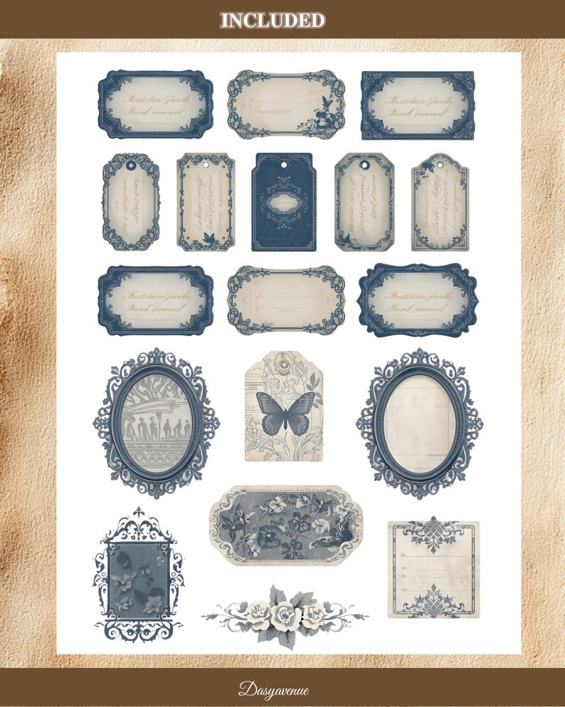 May include: A selection of vintage labels and frames in blue and cream hues. The designs feature elaborate borders, floral patterns, and a butterfly illustration. The word "INCLUDED" is at the top, and "Dasyavenue" is at the bottom.
