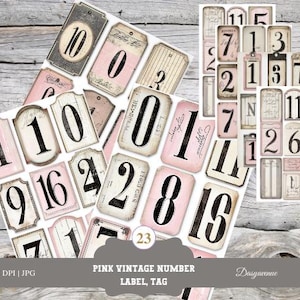 Pink Number Industrial Labels , Junk Journaling Labels, Words for Junk Journals, Junk Journal Numbers, Vintage Numbers, Printable Ephemera