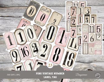 Pink Number Industrial Labels , Junk Journaling Labels, Words for Junk Journals, Junk Journal Numbers, Vintage Numbers, Printable Ephemera