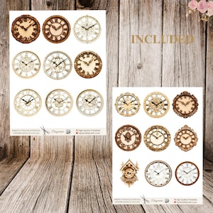 May include: A set of 12 printable images of antique clocks in various styles and colors. The clocks are perfect for scrapbooking, junk journaling, and collage projects. The images are high quality and handcrafted with love.