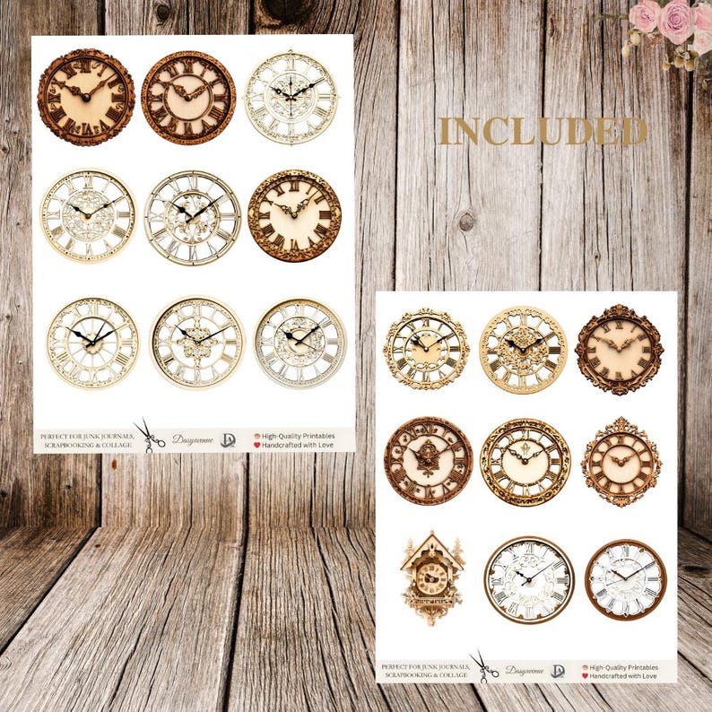 May include: A set of 12 printable images of antique clocks in various styles and colors. The clocks are perfect for scrapbooking, junk journaling, and collage projects. The images are high quality and handcrafted with love.