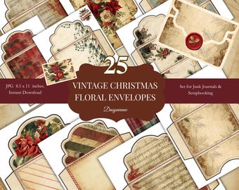 May include: A collection of 25 vintage Christmas floral envelopes. The envelopes feature various designs, including floral arrangements, sheet music, and holiday motifs. The image includes the text "VINTAGE CHRISTMAS FLORAL ENVELOPES" and "Set for Junk Journals & Scrapbooking."
