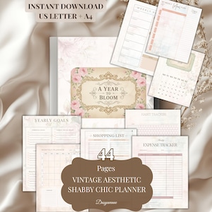 A4 & US Letter Shabby Chic Planner | 44 Pages Vintage Printable Journal | Monthly Calendar, Habit Tracker, Vision Board, Yearly Goals, Notes