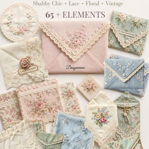 May include: A collection of fabric pockets and handkerchiefs in a vintage, shabby chic style. The items feature floral patterns, lace trim, and delicate embroidery in pastel colors. The text "FABRIC POCKETS" and "65 + ELEMENTS" are visible.
