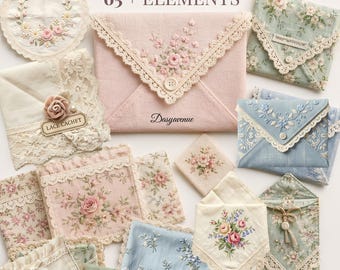 Fabric Pockets Printable, Shabby Chic Floral Lace Ephemera, Vintage Junk Journal Pockets, Soft Romantic Journal Pages, 18 Pages