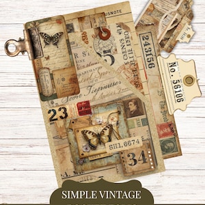 Op de afbeelding: Een vintage pocketfolio met een vlinder en diverse efemere elementen. Het ontwerp bevat postzegels, tickets en handgeschreven notities. Het folio wordt bij elkaar gehouden met een metalen clip en bevat de tekst "SIMPLE VINTAGE POCKET FOLIO".