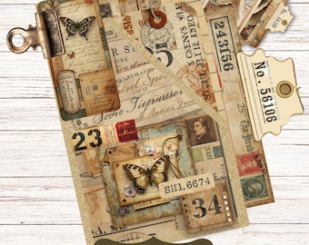May include: A vintage pocket folio with a butterfly and various ephemera elements. The design includes stamps, tickets, and handwritten notes. The folio is held together with a metal clip and features the text "SIMPLE VINTAGE POCKET FOLIO".