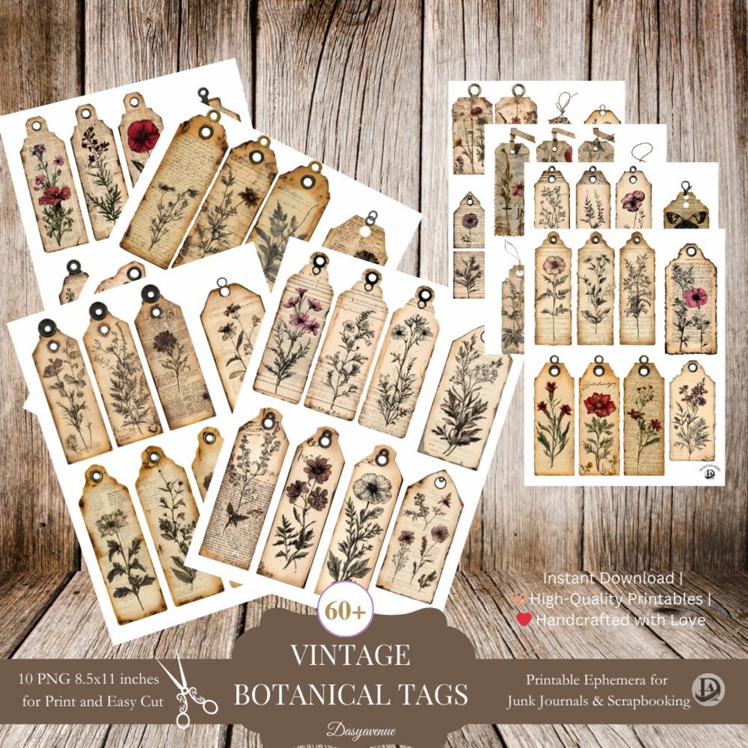 Vintage Botanical Tags Printable, Aged Paper Ephemera, Junk Journal ...
