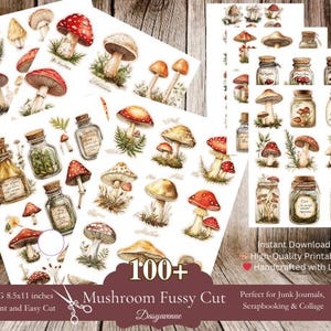 Vintage Pilz authentische Aufkleber, Junk Journal Ephemera, druckbare Pilzetiketten & Apothekerflaschen, Scrapbooking Collage Kit