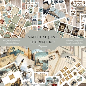 Kit de diário náutico para impressão, páginas de recordações marítimas vintage, etiquetas e papéis para scrapbooks oceânicos, recordações marítimas vintage