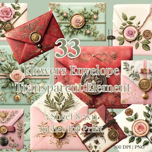 Vintage Floral Envelope | Digital PNG Transparent | Junk Journal Ephemera | Scrapbooking, Card Making, Invitation Design, Aesthetic Paper