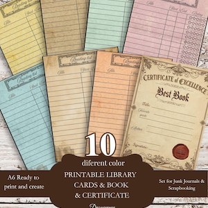 Utskrivbar läslogg med bibliotekskort, bokspårare för Dark Academia, A6-skräpjournalkit, läsdagboksinsats