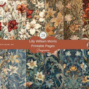 Puede incluir: Un conjunto de 28 páginas imprimibles con diseños florales inspirados en la obra de Lilly William Morris. Las páginas miden 8,5 x 11 pulgadas y 300 DPI. Los diseños presentan lirios, hojas y otros elementos florales en una variedad de colores, incluyendo rojo, blanco y verde.