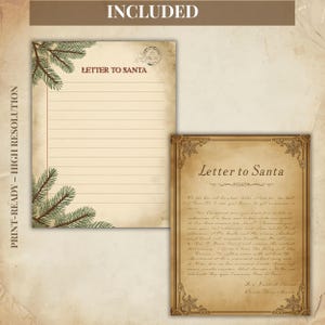 May include: Two pieces of stationery with a vintage aesthetic. One is a lined letter sheet with fir branches and the text "Letter to Santa." The other is a decorative letter with ornate borders and the text "Letter to Santa."
