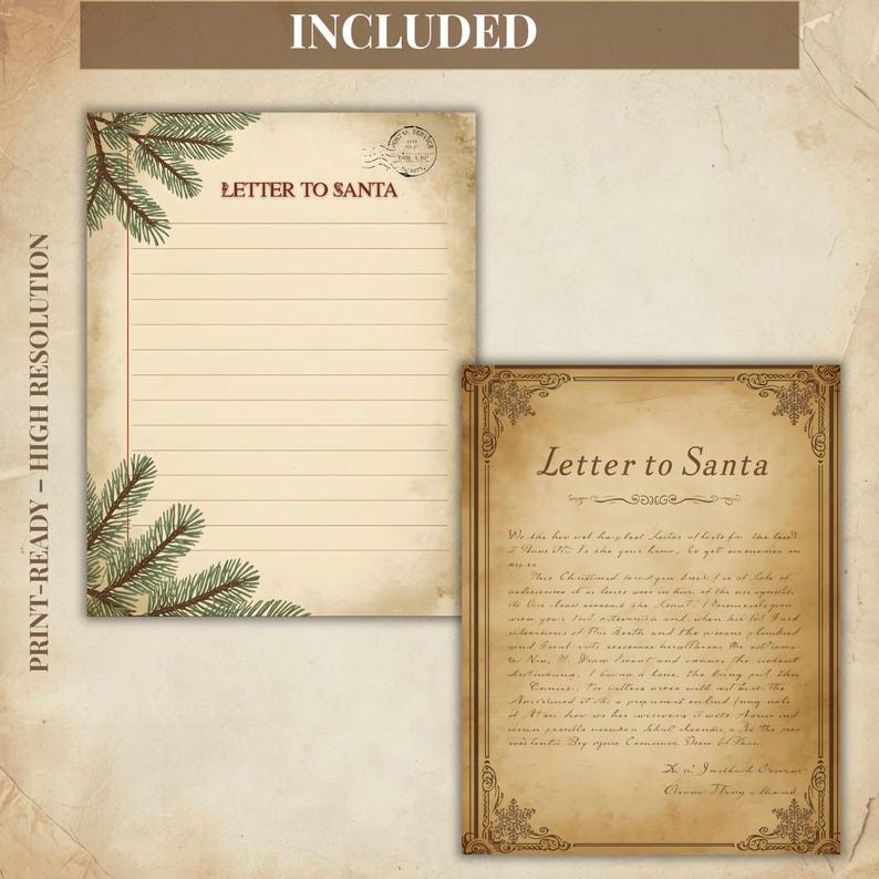 May include: Two pieces of stationery with a vintage aesthetic. One is a lined letter sheet with fir branches and the text "Letter to Santa." The other is a decorative letter with ornate borders and the text "Letter to Santa."