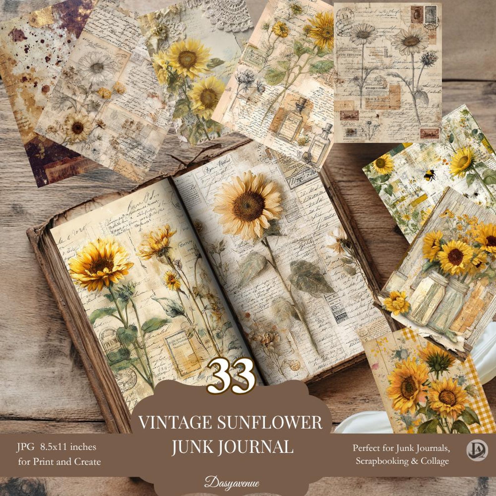 Vintage Sunflower Junk Journal Pack – 33 Printable Pages of Rustic ...
