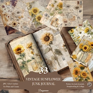 Op de afbeelding: Een verzameling vintage zonnebloem junk journal pagina's. De afbeelding toont een open boek en verschillende losse vellen met zonnebloem illustraties, verouderde papier textuur en handschrift. Perfect voor print en create projecten.