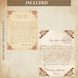 May include: Two antique-style letters with floral accents and handwritten text. The letters are aged with a vintage aesthetic, featuring decorative roses and the words "Included" and "Print-Ready - High Resolution".