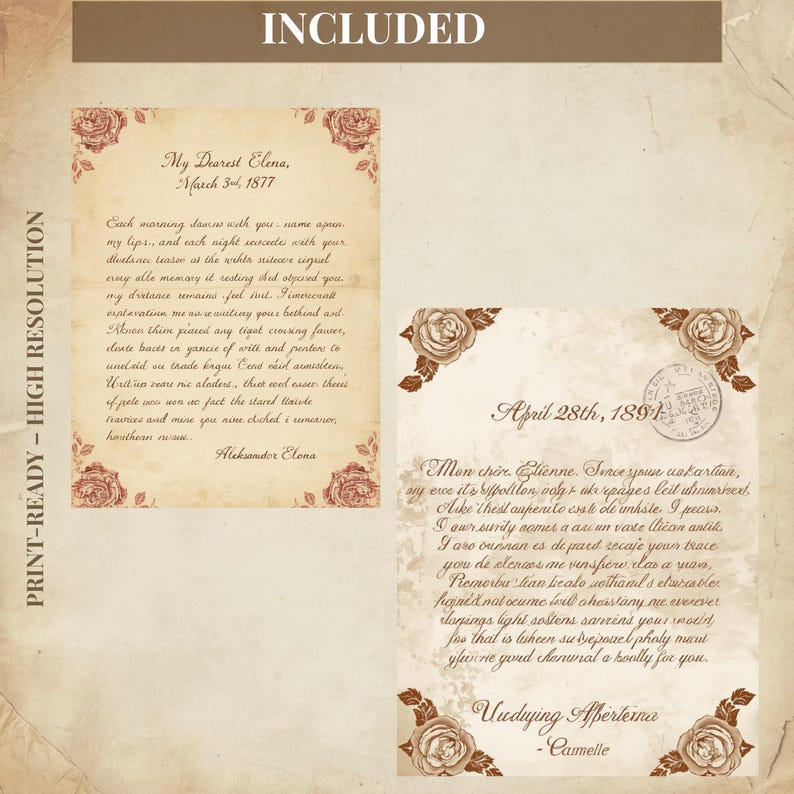 May include: Two antique-style letters with floral accents and handwritten text. The letters are aged with a vintage aesthetic, featuring decorative roses and the words "Included" and "Print-Ready - High Resolution".