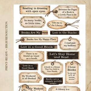 Book Lover Word Strips Printable, Vintage Library Phrases, Junk Journal Ephemera, Reading Quotes, Bookish Collage Strips image 3