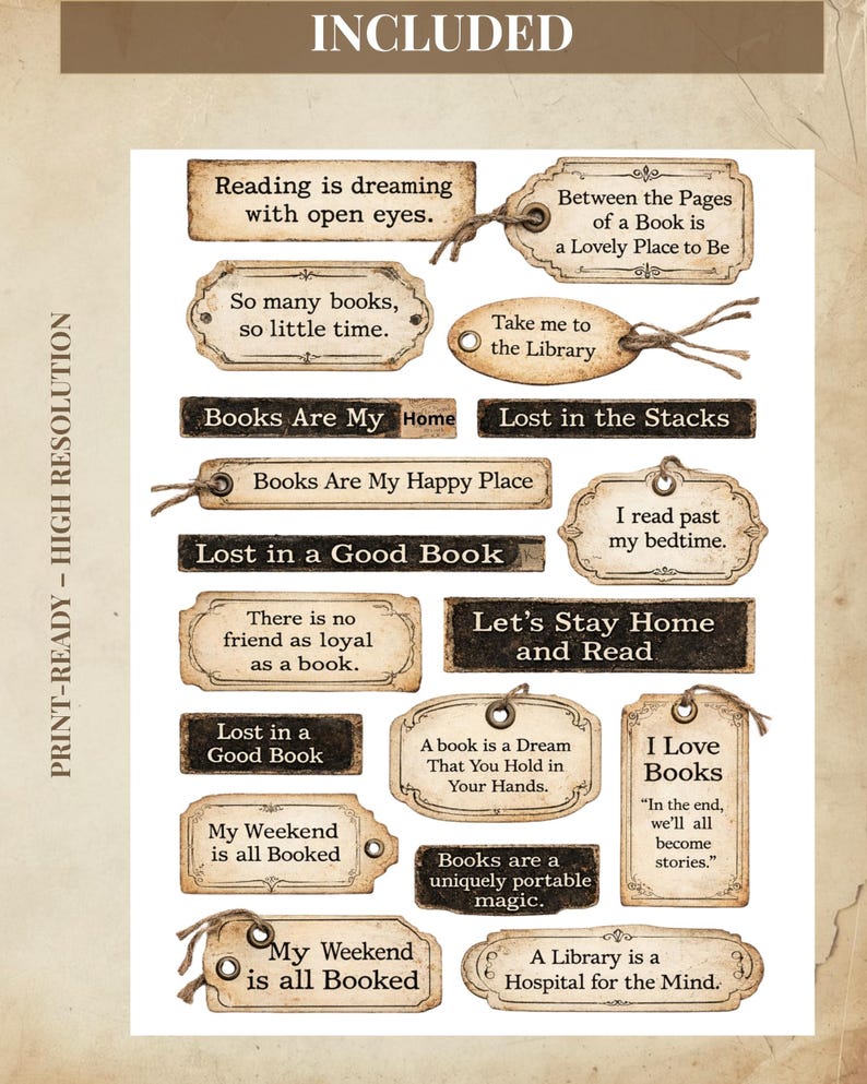 Book Lover Word Strips Printable, Vintage Library Phrases, Junk Journal Ephemera, Reading Quotes, Bookish Collage Strips image 3