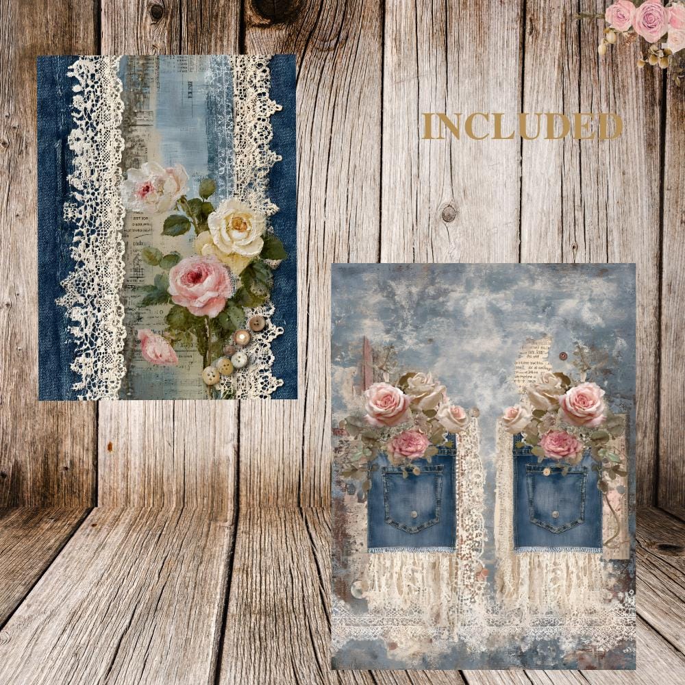 Vintage Denim Junk Journal Set - 32 Printable Pages With Lace, Roses ...