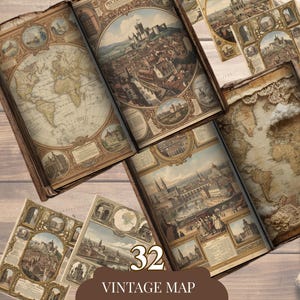 Puede incluir: Un conjunto de tarjetas de mapas antiguos con ilustraciones detalladas de ciudades y mapas del mundo. Las tarjetas tienen una estética envejecida y antigua con una paleta de colores marrón y beige. El texto "32 Vintage Map Cards Printable" está visible. Tamaño: 21,59 x 27,94 cm.