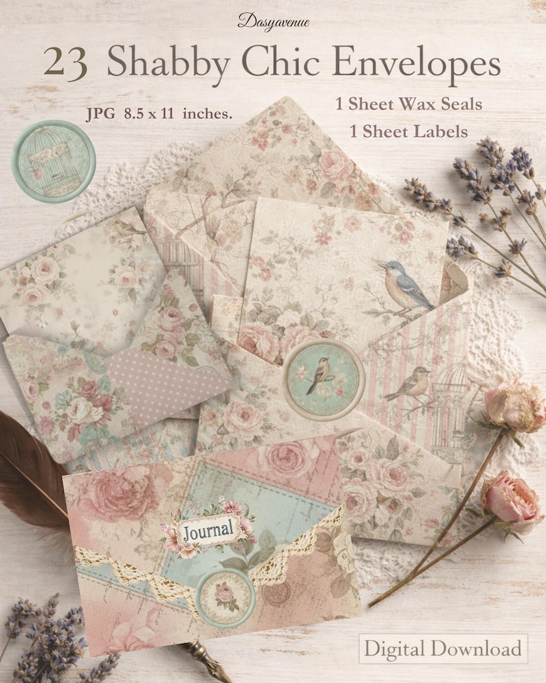 Shabby Chic Envelopes Printable, Vintage Floral Junk Journal Envelopes ...