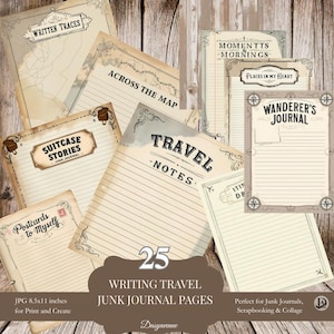25 páginas de diário de viagem vintage – folhas de escrita para impressão para scrapbooking, colagem e armazenamento de memórias