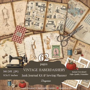 Puede incluir: Kit de diario de chatarra de mercería vintage con 62 páginas, con ilustraciones de máquinas de coser, maniquíes y bocetos de moda. Incluye una máquina de coser Singer, carretes de hilo y un alfiletero de tomate.