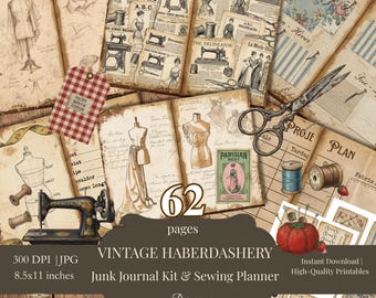 Vintage Sewing Junk Journal Kit, Haberdashery Printable Pages, Sewing Planner, Fashion Ephemera, Dress Form Art