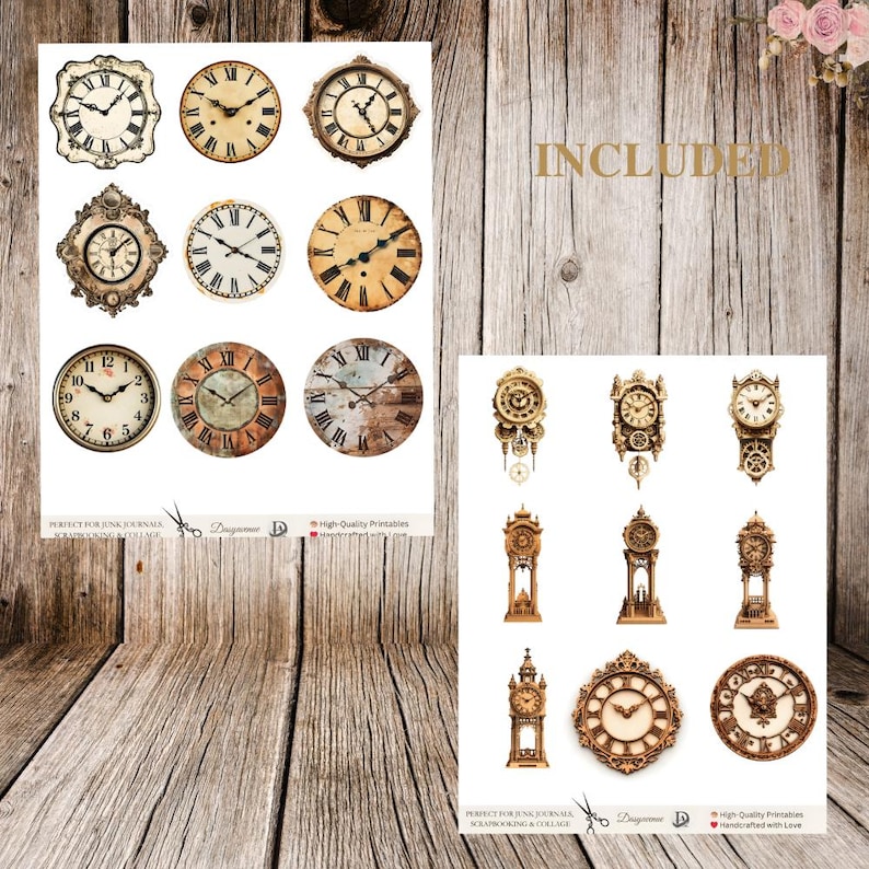 May include: A digital printable sheet with 12 images of vintage clocks. The sheet includes round clocks with Roman numerals, ornate clocks with pendulum weights, and tall grandfather clocks. The sheet is labeled "INCLUDED".