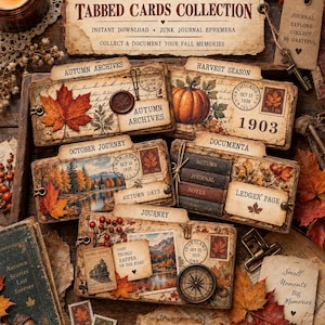 Könnte beinhalten: Eine Sammlung von tabbed Karten im Vintage-Stil mit Herbstmotiven, darunter Bilder von Kürbissen, Landschaften, Briefmarken und Texten wie Autumn Archives, Harvest Season, October Journey, Documenta und Journey, mit dekorativen Elementen.