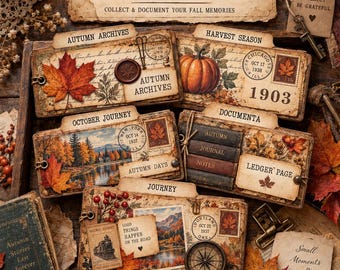 以下が含まれることがあります： カボチャ、風景、切手、Autumn Archives、Harvest Season、October Journey、Documenta、Journeyなどのテキストが描かれた、秋をテーマにしたヴィンテージスタイルのタブ付きカードコレクション。装飾的な要素が含まれています。