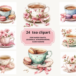 24 kwiatowy kubek do herbaty Clipart, kwiatowy kubek do herbaty, wydrukowany akwarelowy clipart, wysokiej jakości PNG, pobieranie cyfrowe, papierowe rzemiosło,
