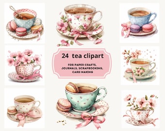 24 clipart de xícara de chá floral, xícara de chá floral, clipart de aquarela para impressão, PNG de alta qualidade, download digital, artesanato em papel,