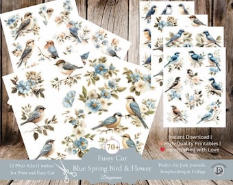 Efímera vintage azul de pájaros y rosas recortadas con precisión, imprimible estilo cottagecore, papel de collage floral rosa, pegatinas digitales imprimibles para scrapbooking.