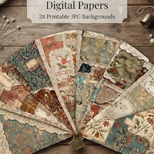 Puede incluir: Un abanico de 24 fondos JPG imprimibles titulado Vintage Patchwork Digital Papers. El diseño presenta varias texturas de telas florales y estampadas con bordes de encaje, dispuestas sobre una superficie de madera con alfileres de costura.
